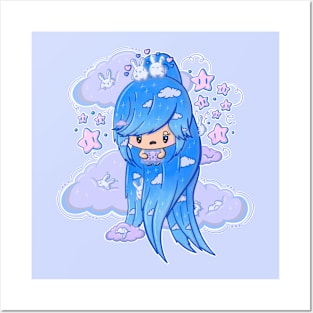 Cute blue cloud bubble head girl in kawaii style Posters and Art